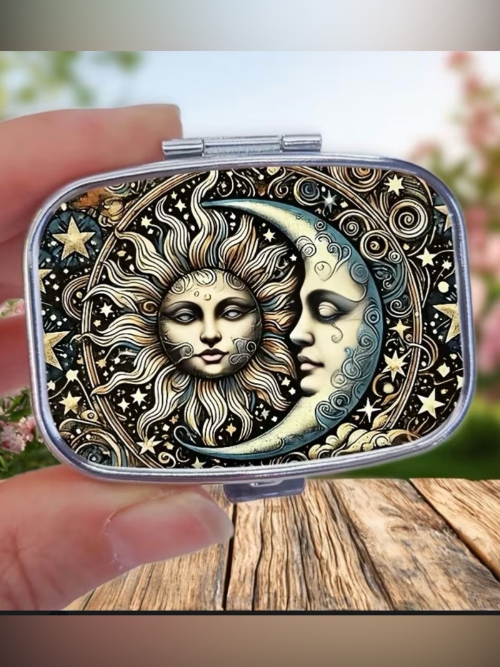 Celestial Sun Moon Pill Case Mirror Compact 2 Compartment Organizer